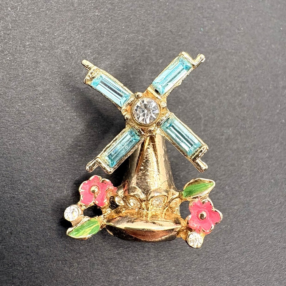 Vintage Windmill Articulated Spinning Brooch Rhinestone Enamel Gold Tone Dainty